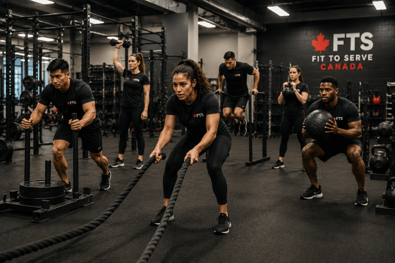 Diverse public safety candidates training inside a gym